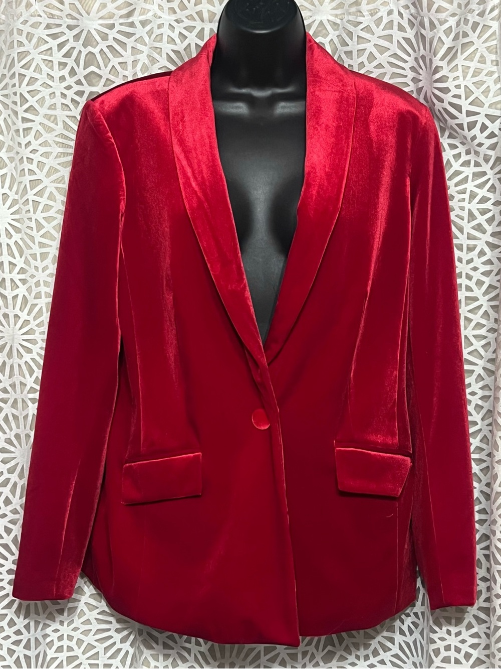 Women's Red Velvet Blazer Jacket - Sleek Single-Button Coat